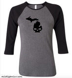 Women's "Michi-Skull" Michigan Premium 3/4 Sleeve Jersey T-Shirt - michiganluv