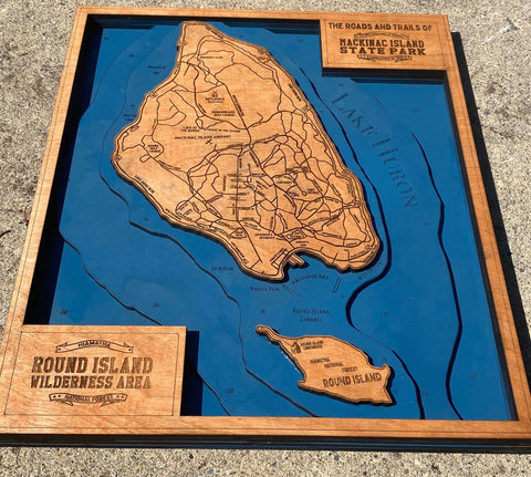 Custom Made Wooden Mackinac and Round Island Bathymetric Map