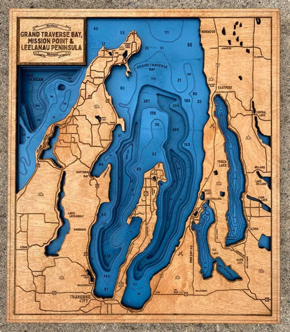 Custom Made Wooden Grand Traverse Bay / Mission Point / Leelanau Area Bathymetric Map