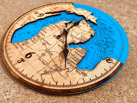 Custom Made Wooden Michigan Clock /  Bathymetric Map