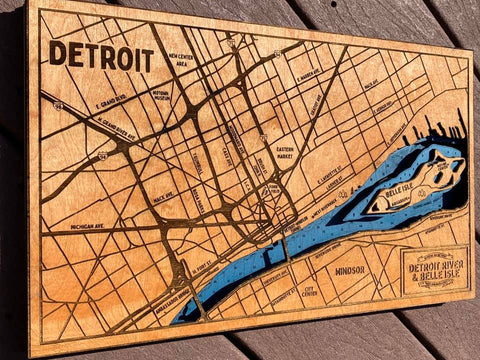 Custom Made Wooden Detroit River / Belle Isle / Detroit Area Bathymetric Map