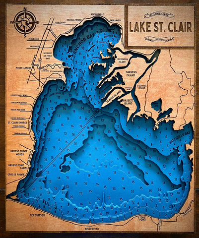 Custom Made Wooden Lake St. Clair Bathymetric Map