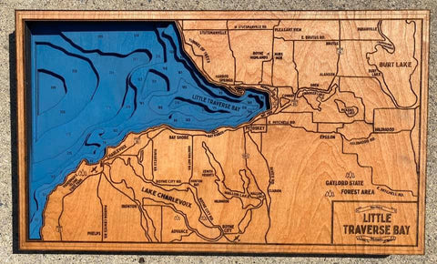 Custom Made Wooden Little Traverse Bay/ Petoskey Area Bathymetric Map