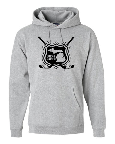 Michigan "(Shield) Born and Raised" Hockey Premium Hooded Sweatshirt - michiganluv
