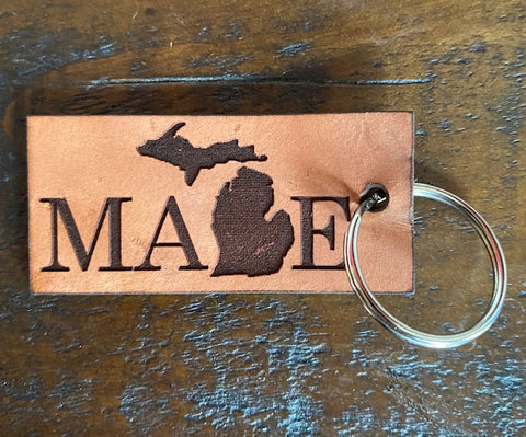 Michigan "MADE" Leather Keychain