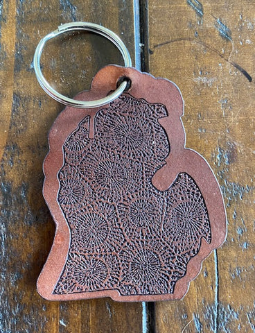 Stained Michigan Lower Petoskey Stone Leather Keychain