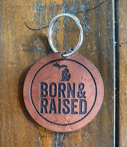 Stained Michigan "Born & Raised" Leather Keychain