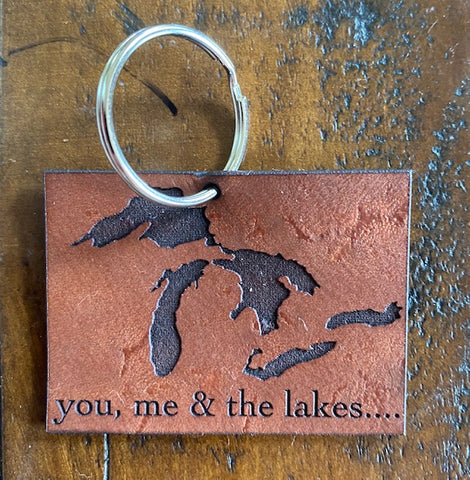 Stained Great Lakes "you, me & the lakes..." Leather Keychain
