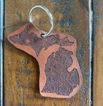 Stained Michigan Upper and Lower Petoskey Stone Leather Keychain