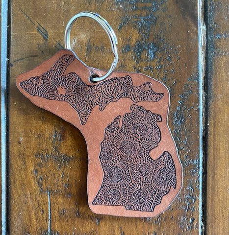 Stained Michigan Upper and Lower Petoskey Stone Leather Keychain