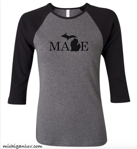 Women's "MADE" Michigan Premium 3/4 Sleeve Jersey T-Shirt - michiganluv