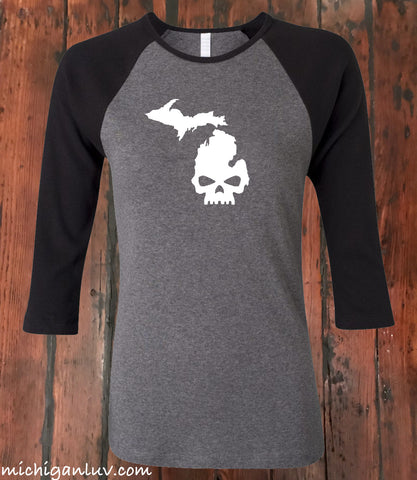 Women's "Michi-Skull" Michigan Premium 3/4 Sleeve Jersey T-Shirt - michiganluv