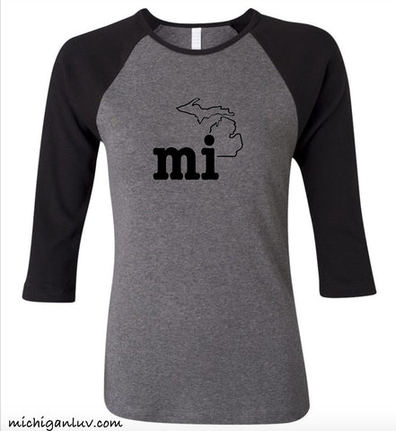 Women's "mi" Michigan Premium 3/4 Sleeve Jersey T-Shirt - michiganluv